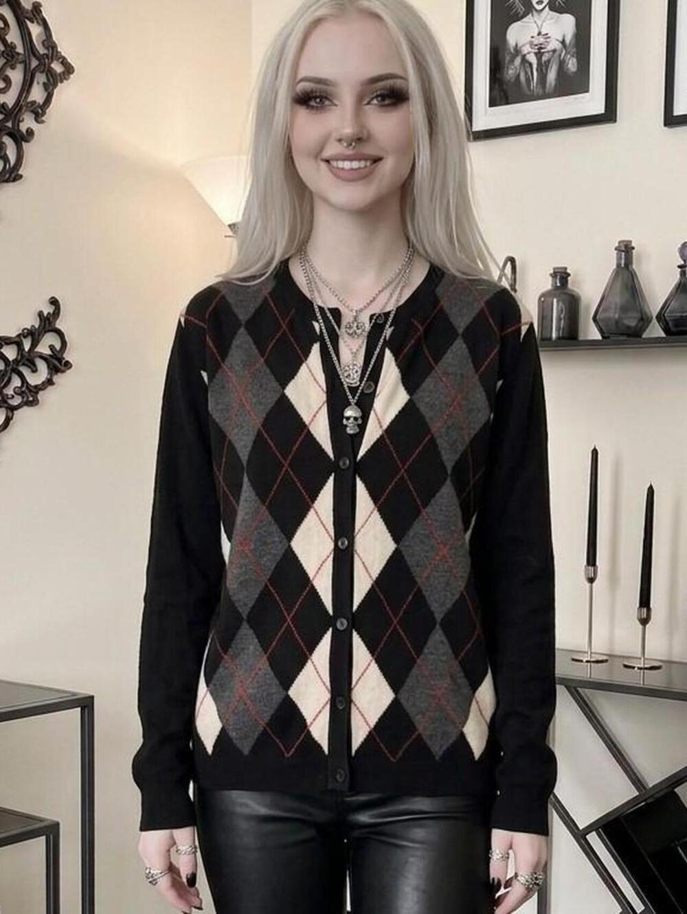 Laura Gayle Argyle knit button up cardigan sweater top